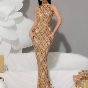Gold Luxury Women's Sparkling Rhinestone Bodycon Dress